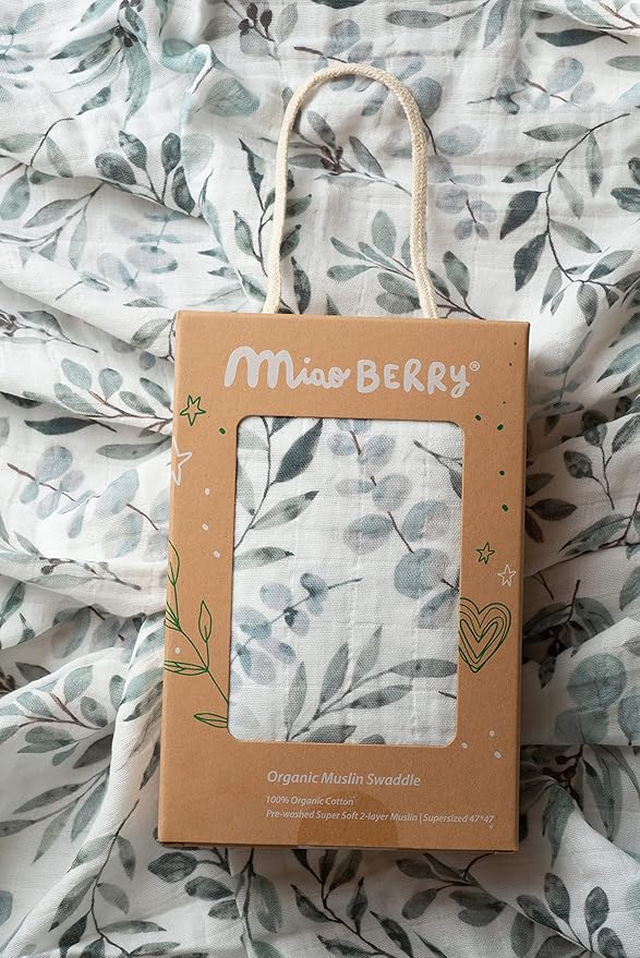 Miaoberry Organic Muslin Swaddle Blankets with Matching Hat and Wooden Hello World Newborn Sign | Eucalyptus Newborn Photography Props | Birth Announcement Sign