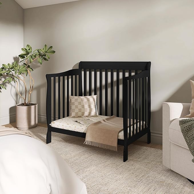 Dream On Me Aden 4-in-1 Convertible Mini Baby Crib in Black, GreenGuard Gold & JPMA, Sustainable Pinewood, Non-Toxic Finish, 3 Mattress Heights, Converts to Mini Day & Twin-Size Bed