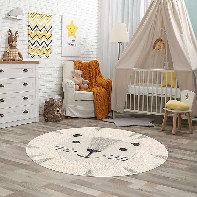 Hauteloom Kids Room, Nursery Round Area Rug - Outdoor Patio Safe - Animal Baby Lion Playroom Carpet - Beige, Gray, Black, Cream - 7'10"