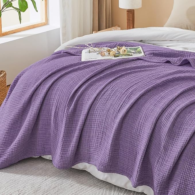 EMME Cotton Muslin Queen Blanket Bed Layering Breathable Gauze Blanket Soft Lightweight Blankets Adults (Purple, 90"x90")