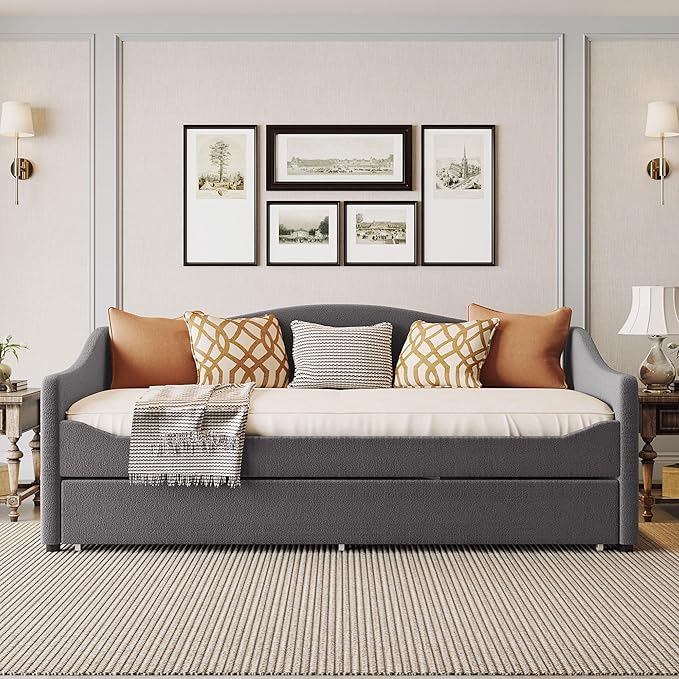 Merax Twin Size Upholstered Daybed with Light and Trundle, Gray Teddy Fleece Sofa Bed Modern Wooden Platform Bed Frame for Bedroom, Living Room, Guest Room, Apartment