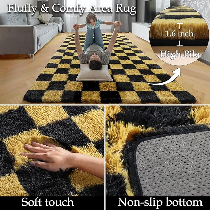 KICMOR Area Rugs for Bedroom Living Room, 4x6 Black and Gold Fluffy Soft Checkered Rug Fuzzy Shag Shaggy Carpet, Indoor Plush Floor Rugs for Kids Boys Girls Teen Dorm Nursery Home Decor Aesthetic