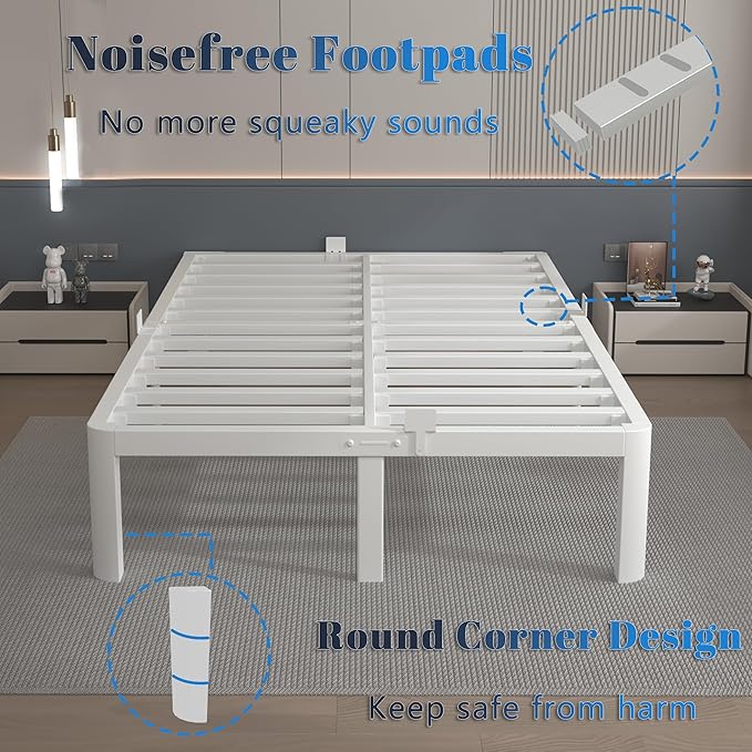 14 Inch White Full Size Bed Frame, Metal Bed Frame Full with Gaskets, No Box Spring Needed, Heavy Duty Steel Platform Supprt, Rounded Corner Design, Reserved Holes, Storage Space, Noise Free