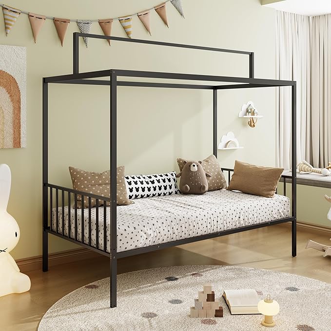 Harper & Bright Designs Full Size Montessori Floor Bed Frame for Kids, Metal Floor Bed with Canopy and Guardrails, High Fenced Canopy Bed with Sturdy Metal Slats Support, Easy Assembly, Black