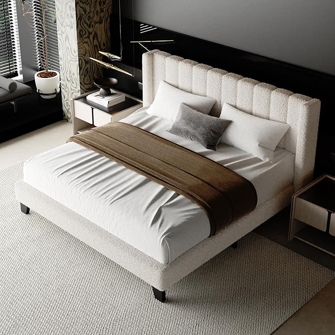 Queen Bed Frame with Headboard Upholstered Platform Bed Frame with Teddy Velvet Headboard, Wooden Slats Support/Wing Edge Design/No Box Spring Needed/Easy Assembly, Beige Queen