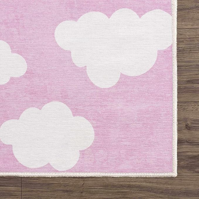 Hauteloom Nizar Girls Room, Nursery Machine Washable Area Rug - Clouds - Pink, Cream - 7'10" x 10'2"