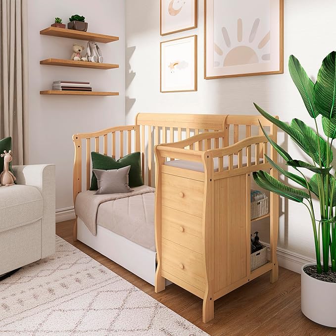 Dream On Me Jayden 4-in-1 Mini Convertible Crib And Changer in Natural, Greenguard Gold Certified, Non-Toxic Finish, New Zealand Pinewood, 1" Mattress Pad