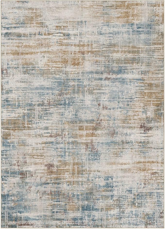 Area Rug for Living Room: 10x14 Washable Neutral Abstract Modern Soft Rugs Non Slip Indoor Floor Stain Resistant Large Carpet for Bedroom Dining Room Office Nursery - Blue Brown
