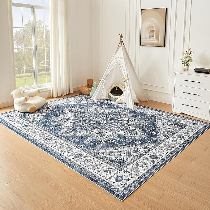 WITSHOCK Living Room Area Rugs 8x10: Washable Rug Boho Soft Non-Slip Low Pile Stain Resistant Foldable Carpet for Bedroom Playroom Dining Room Office Kitchen Farmhouse Home Decor Rug-Blue