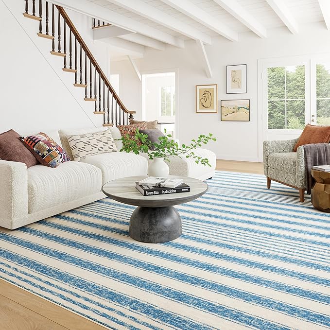 Dash & Albert Vion Blue Machine Washable Rug, 2 X 3 Feet, Blue/Grey Stripe Pattern