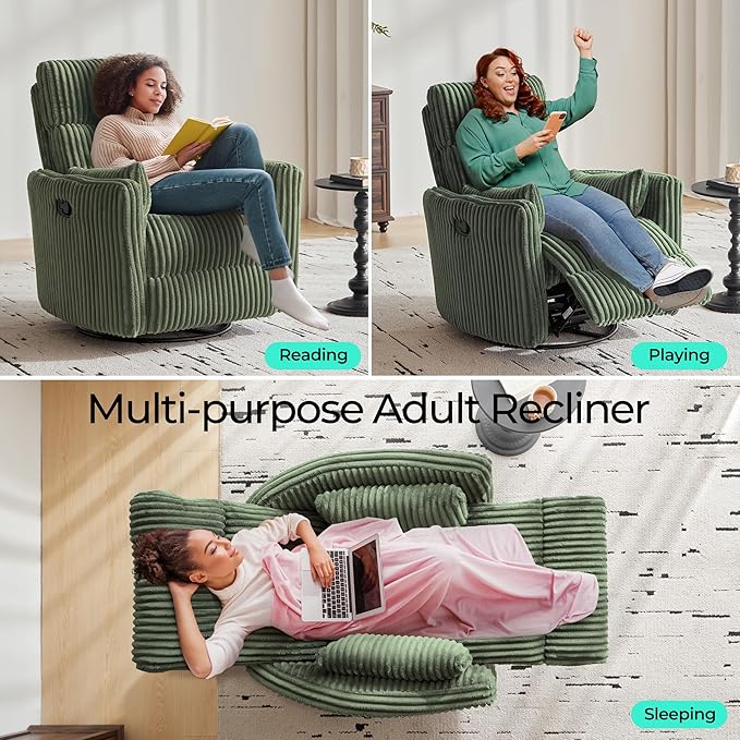 LINSY HOME 360 Swivel Nursery Rocking Chair with 2 Pillows, Corduroy High Back Adult Recliner for Small Spaces, Nursery Glider Rocker Chair, Bedroom Living Room Reclining Chairs (Green)