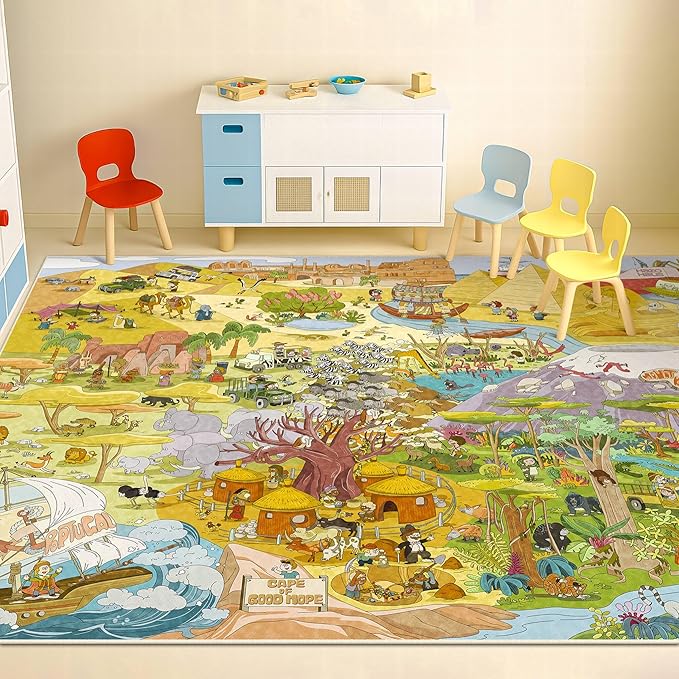 Large Kids Playroom Rug 8x10 – Africa Adventure Safari Animal Map Carpet with Lions, Elephants, Giraffes & Tribes – Educational Play Mat for Boys & Girls Bedroom, Classroom, or Reading Nook