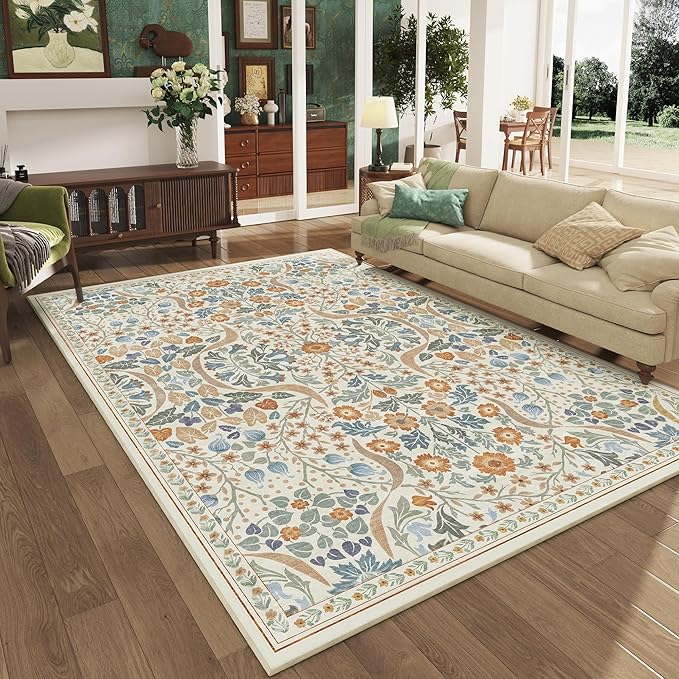 5x7 Floral Washable Area Rug for Living Room, Non-Slip Soft Vintage Boho Carpet, Botanical Forest Beige Low Pile Rugs for Bedroom, Dinning Room, Home Office, Dorm, Nursery, Beige