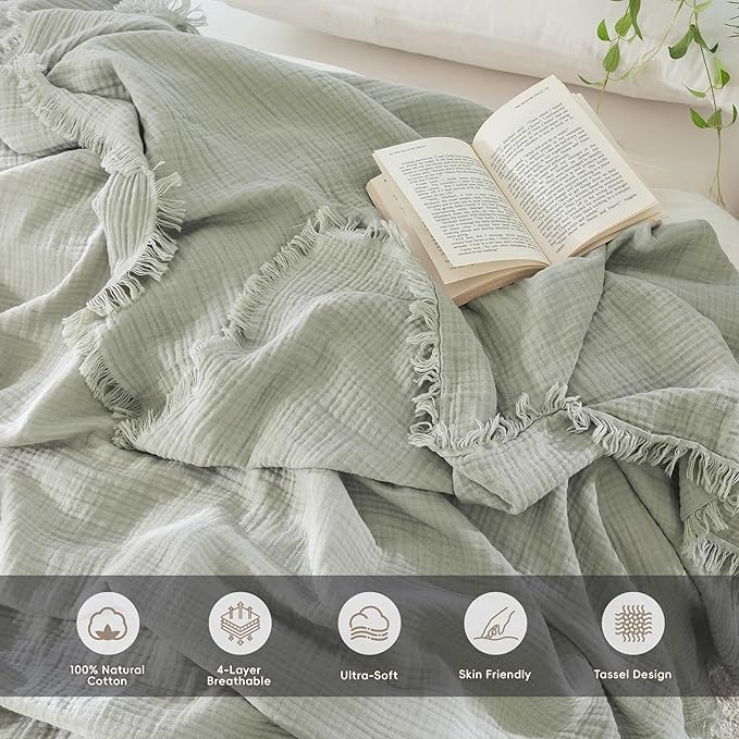 MooMee Muslin Blanket - 100% Cotton 4-Layer Gauze Throw Blanket with Tassels Ultra-Soft Breathable Lightweight Cooling for Bed Couch (Sage Green,King 104" x 90")