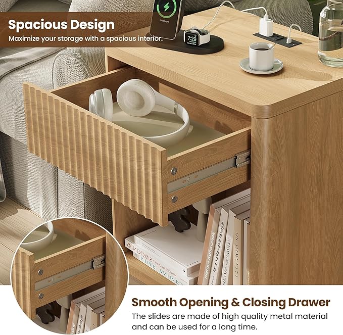 Fluted Nightstand with Charging Station, 21.7" Wide Modern Bedside Table with 1 Drawers Open Storage Cabinet, Wooden End Table for Bedroom, Natural Oak