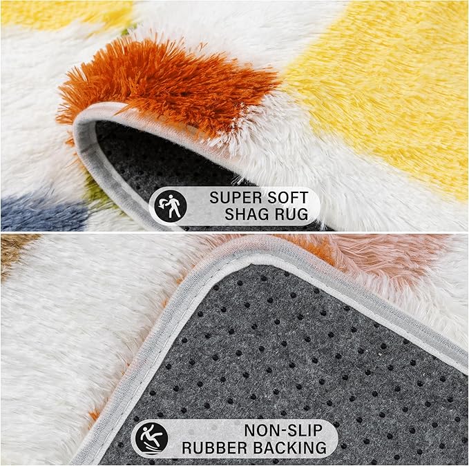 Checkered Rug 4x4 for Living Room, Colorful Modern Shag Super Soft Washable Fluffy Rugs Indoor Fuzzy Carpet for Bedroom Home Dorm Aesthetic Decor