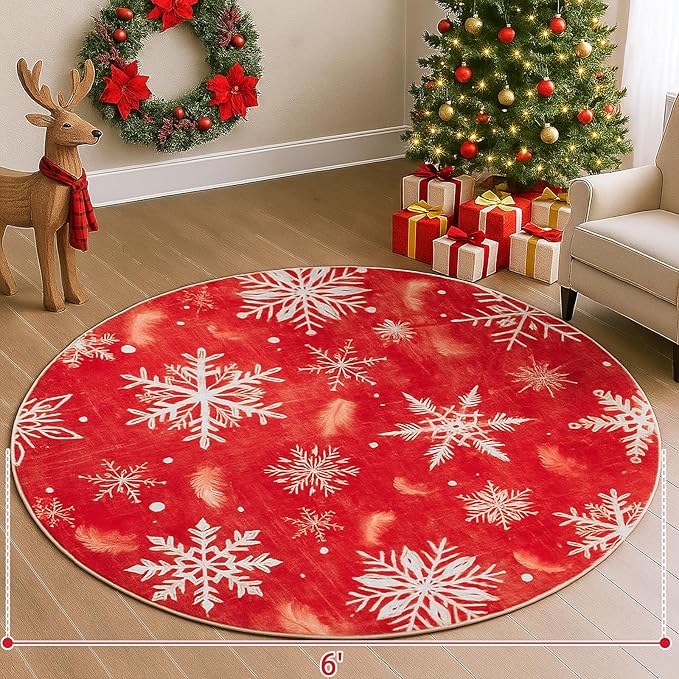 6' Machine Washable Christmas Round Area Rug, Non-Slip Vintage Floral Circle Floor Rugs for Kids, Low Pile Room Carpet for Living Room, Bedroom, Dining Room & Nursery(6' Snowflake)