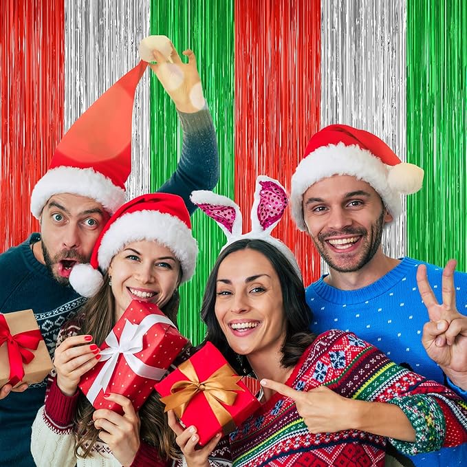 2 Pack Christmas Metallic Tinsel Foil Fringe Curtains, Door Streamers Photo Booth Backdrop for Birthday Party, Tinsel Curtain Backdrop for Christmas Theme Party Decorations, Red Silver and Green