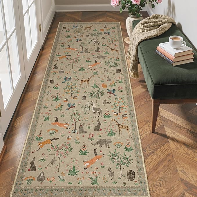 Runner Rug Non Slip 2'6''x 6', Floral Animal Print Rug Machine Washable Rug, Non Slip Low Pile Hallway Runner Carpet for Kitchen, Laundry, Bedroom, Bathroom, Light Taupe