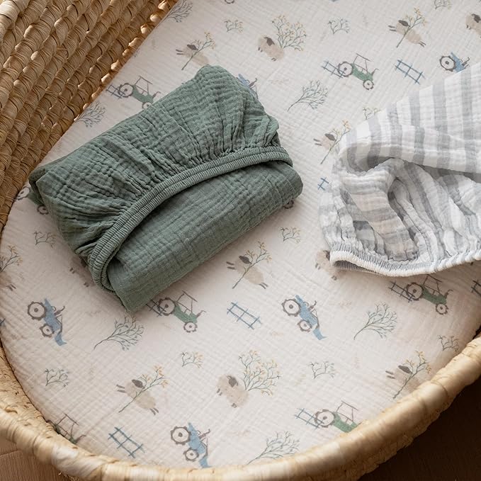 Gllquen Baby Muslin Bassinet Sheets 3 Pack, Breathable Elastic Cozy Fitted Cotton Bassinet Mattress Sheet for Baby Boy Girls, Fit for Hourglass Oval Rectangular Cradle Pad Sheets 33"x17" (Car)