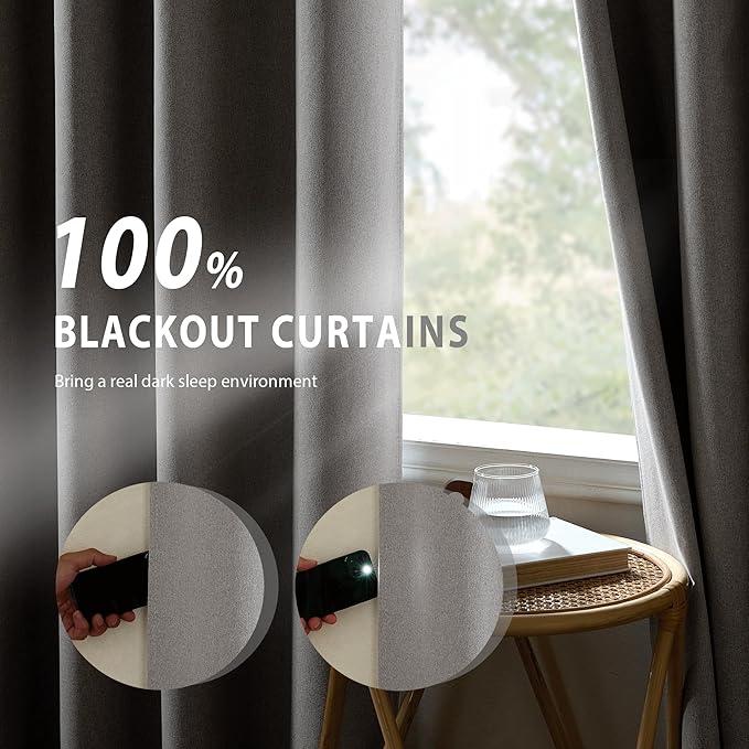 NICETOWN 100% Absolutely Blackout Faux Linen Curtains with Thermal Insulated White Liner, 52" W, 2 PCs, Light Grey, 95" Long Drapes Sweep The Floor Decorative Keep Privacy Panels for Living Room/Villa