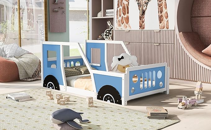Twin Size Classic Car-Shaped Platform Bed Frame for Boys Girls Kids Toddler with Wheels,Blue