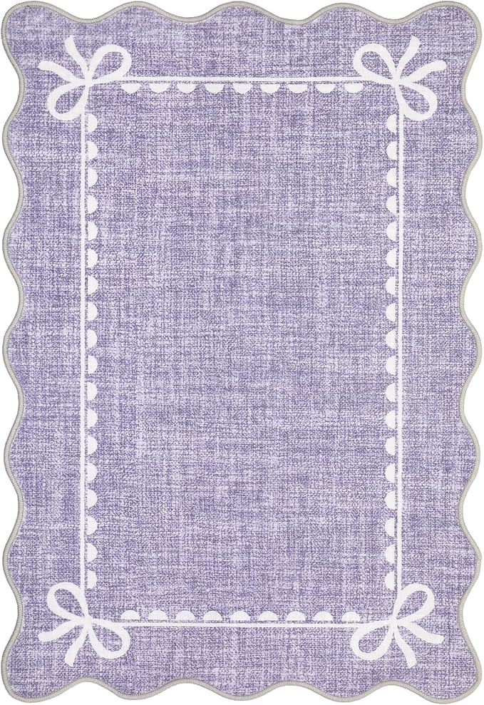 GarveeHome Scalloped Bow Rug for Kitchen Floor, Solid Purple Rug for Dorm, Washable Entryway Rugs 2x3 Soft Low Pile Non Slip Scalloped Rugs for Nursery Bedroom Decor Hallway