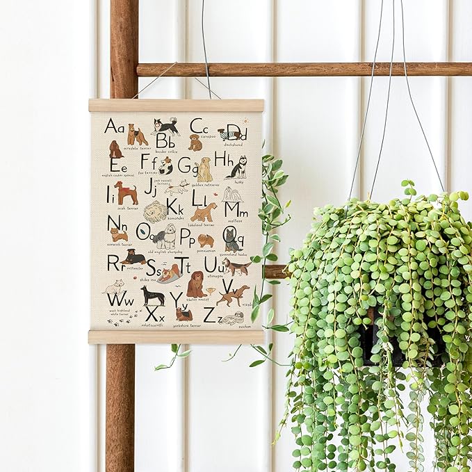 MAQIKA ABC Alphabet Chart Dog Poster Framed with Wood Hanger,Alphabet Banner, Alphabet Abc Poster for Toddlers,Kids Abc Hanging Wall Decor,Dog Breed Canvas Wall Art Paints for Classroom Nursery 12x16