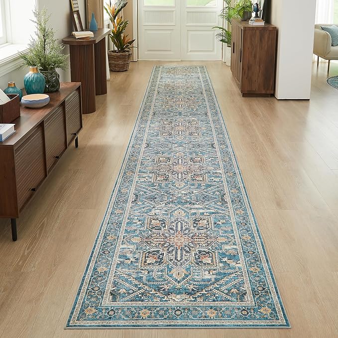 WITSHOCK 3x20 Extra Long Runner Rug for Hallway: Washable Boho Low Pile Stain Resistant Foldable Floor Carpet for Bedroom Entryway Bathroom Kitchen, Neutral Distressed Farmhouse Rug, Grey, 36″x240″