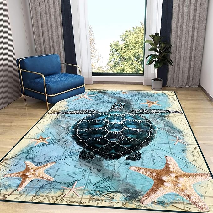 Nautical World Map Area Rug, 4x6ft, Coastal Sea Turtle Starfish Children's Rugs, Blue Ocean Themed Washable Dirty Resistant Mat, Soft Cozy Thin Easy Clean Mat for Floor Living Room