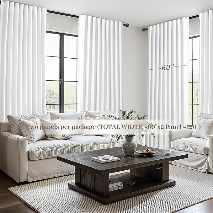 Pure White Blackout Curtains 60 Inches Extra Wide Modern Linen 96 Inch Length for Living Room, Boho Pleated Farmhouse Bedroom Large Window Thermal Heavy Drapes for Winter 60"W x 96"L 2 Panels