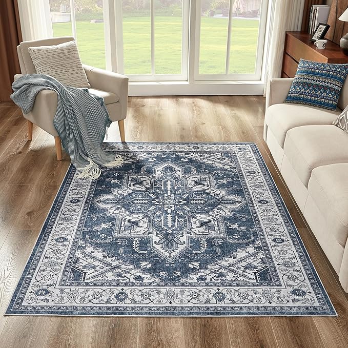 WITSHOCK Living Room Area Rugs 5x7: Washable Rug Boho Soft Non-Slip Low Pile Stain Resistant Foldable Carpet for Bedroom Playroom Dining Room Office Kitchen Farmhouse Home Decor Rug-Blue