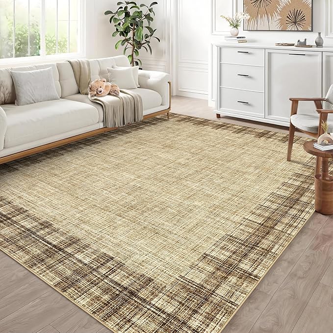 COZYLOOM Living Room Area Rug 8x10 Machine Washable Carpet Abstract Rug Low Pile Home Decor Carpet for Bedroom, Dining Room, Family Room, Nursery, Playroom（Natural）