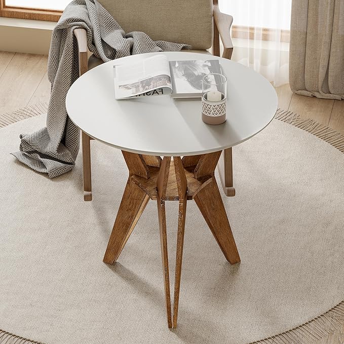 COZAYH Farmhouse End Table Distressed Wood Side Table with Crisscross Legs and X Legs, Accent Table with White Top and Tripod Base for Living Room, Office, Boho Decor, Modern Rustic, Nature, Round