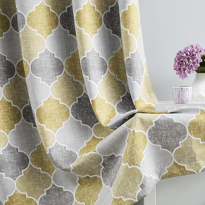 Christmas Full Blackout Curtains 63 Inches Long 2 Panels Gray Yellow Moroccan Lattice Geo Room Darkening Thermal Insulated Grommet Top Window Treatments Drapes for Living Room, 52" W