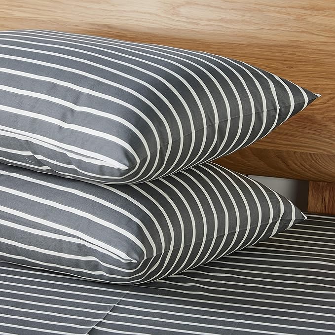 JELLYMONI 100% Natural Cotton 2pcs Striped Duvet Cover Sets, Dark Grey Duvet Cover with White Stripes Pattern Printed Comforter Cover, with Zipper Closure & Corner Ties(Twin Size)