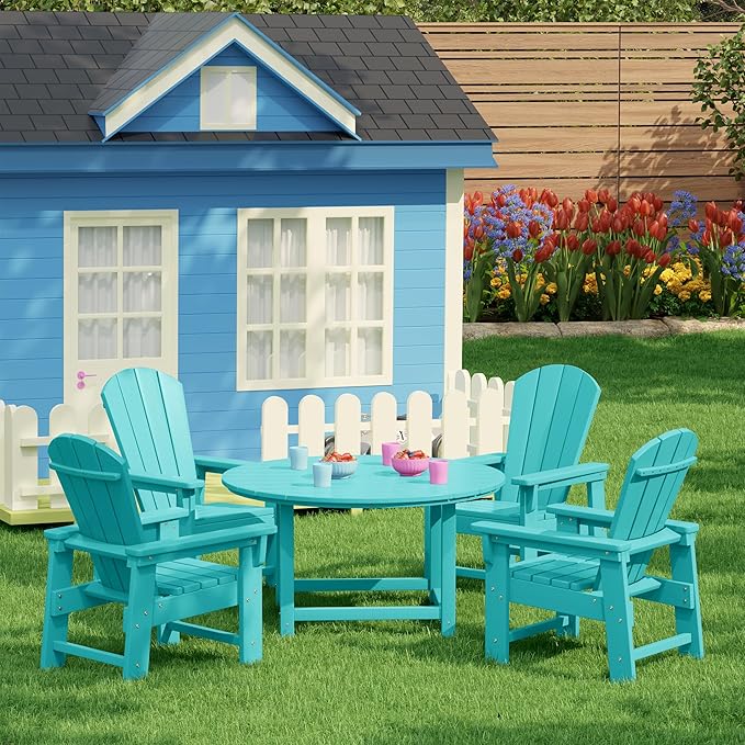 Costaelm Paradise Kids 5-Piece HDPE Outdoor Patio Round Dining Table and Chairs Set, Turquoise