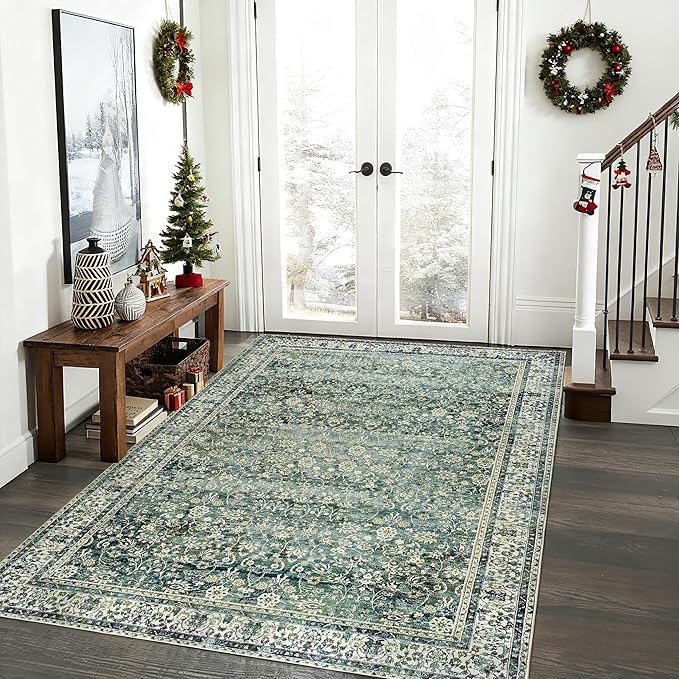 3x5 Area Rug for Entryway Indoor,Washable Non Slip Boho Ultra Thin Entry Way Rugs for Inside House,3 x 5,Dark Green