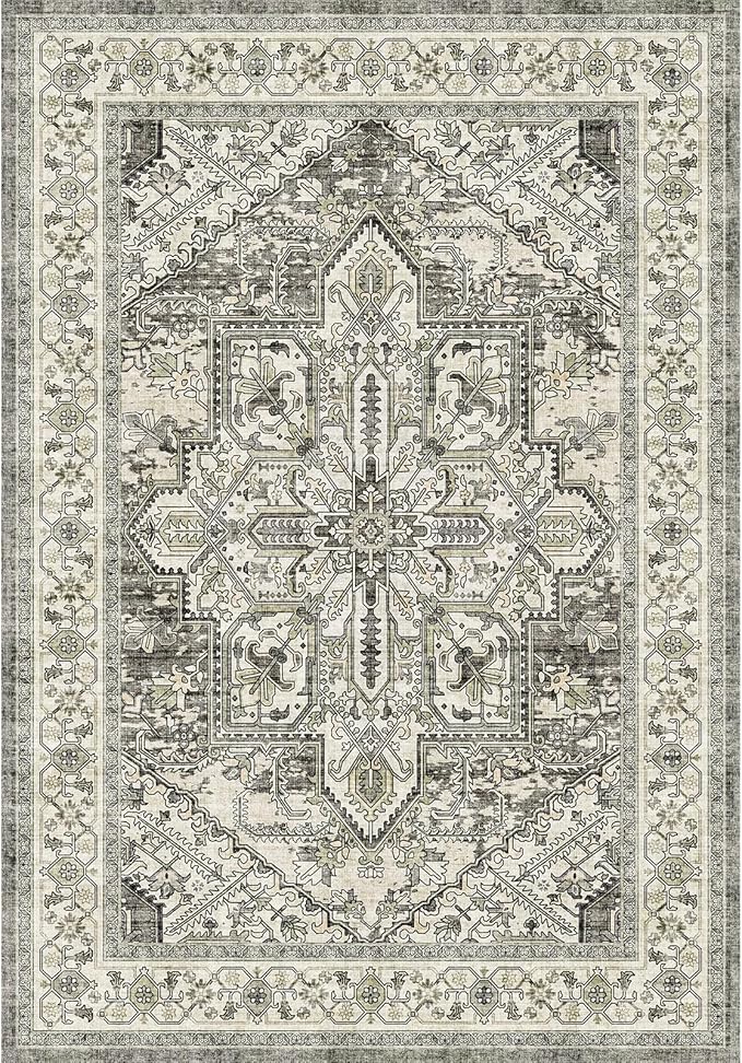 WITSHOCK Living Room Area Rugs 6x9: Washable Rug Boho Soft Non-Slip Low Pile Stain Resistant Foldable Carpet for Bedroom Playroom Dining Room Office Kitchen Farmhouse Home Decor Rug-Brown/Lvory