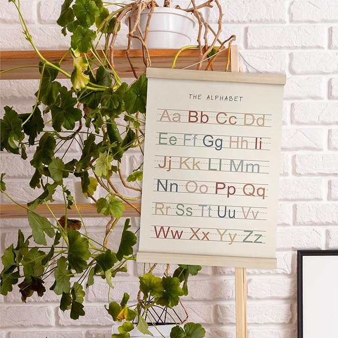 HRQKO Alphabet Poster Hanger Frame, Nursery Wall Decor, Boho ABC Poster Wall Art with Wooden Frames, Alphabet Banner Wall Hanging Decor for Toddler Playroom, 12x16 Inch