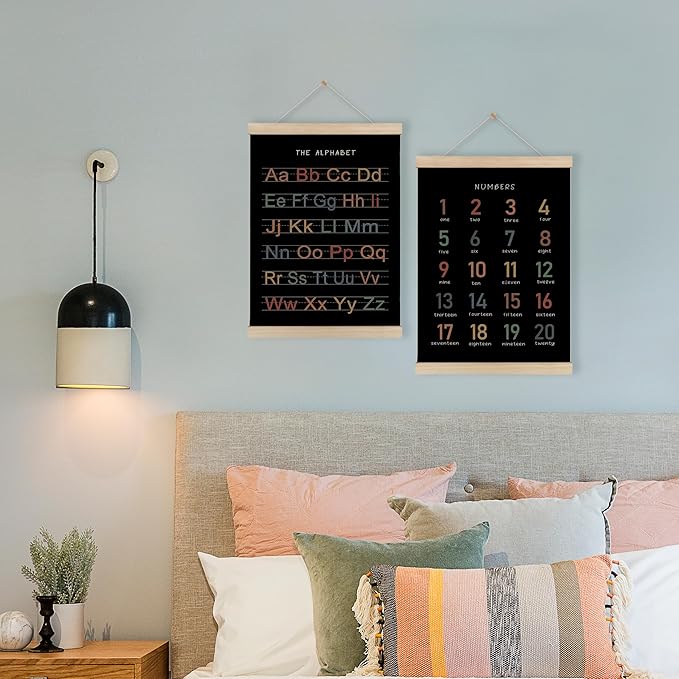 HRQKO Alphabet Numbers Poster Hanger Frame Set of 2, Black Nursery Wall Decor, ABC Poster Wall Art with Wooden Frames, Boho Alphabet Banner Wall Hanging Decor for Toddler Playroom, 12x16 Inch
