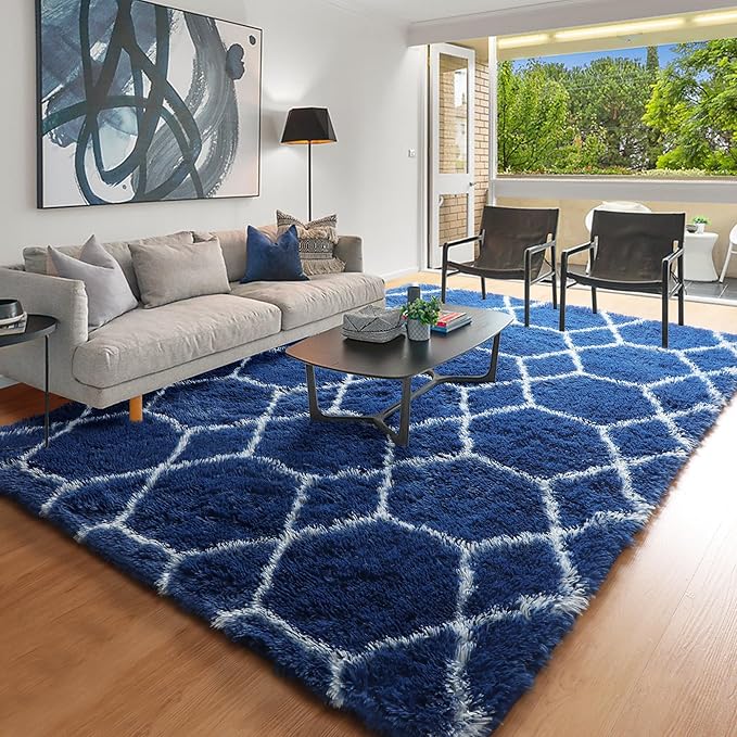 ONASAR Geometric Area Rugs 5x8 for Living Room, Fluffy Moroccan Navy and White Rug for Boys Bedroom Home Decor Aesthetic, Soft Shaggy Plush Floor Carpet for Kids Girls Teen Nursery Playroom Office