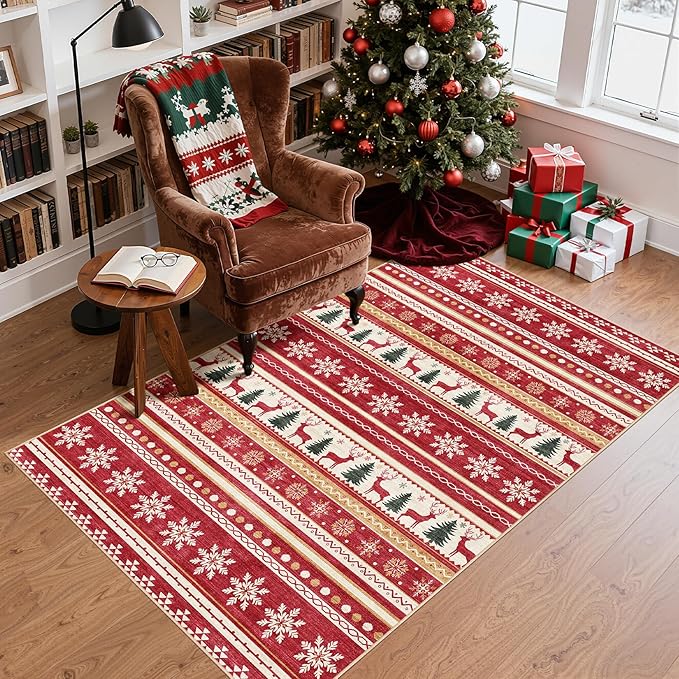 Area Rugs for Living Room Washable Living Room Rug Soft Neutral Indoor Floor Carpet Non-Slip Stain Resistant Modern Boho Rugs for Bedroom Dining Room Kids Room Nursery Office Home Red Green