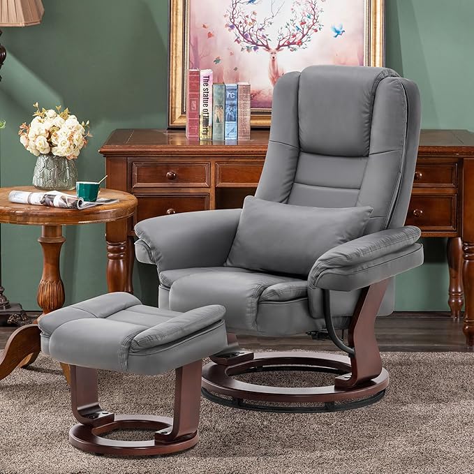 MCombo Swivel Recliner with Ottoman Chair, TV Chair Sets with Vibration Massage, for Small Space Living Room Bedroom 9096 9099 (Faux Leather, Grey)