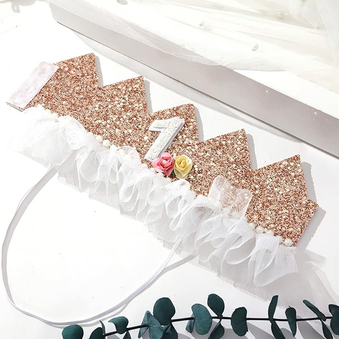 Crown for Girls' First Birthday, Rose Gold 1st Birthday Hat, Flower Tutu Crown, Cake Smash Props, Decorations for Girls