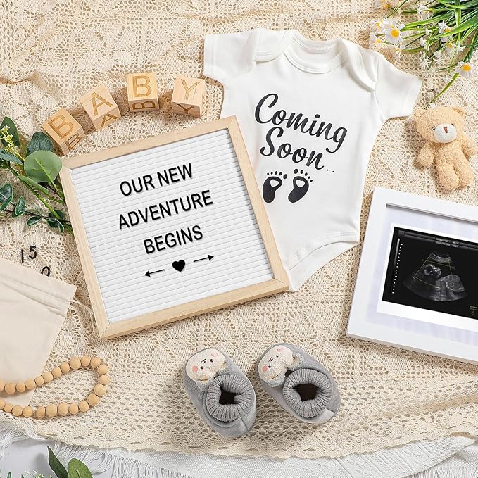 9 Pcs Pregnancy Announcement Set Pregnancy Reveal Ideas Felt Letter Board Baby Bodysuit Booties Photo Frame Bear Plush Wood Blocks for Coming Soon Baby Announcement(White)