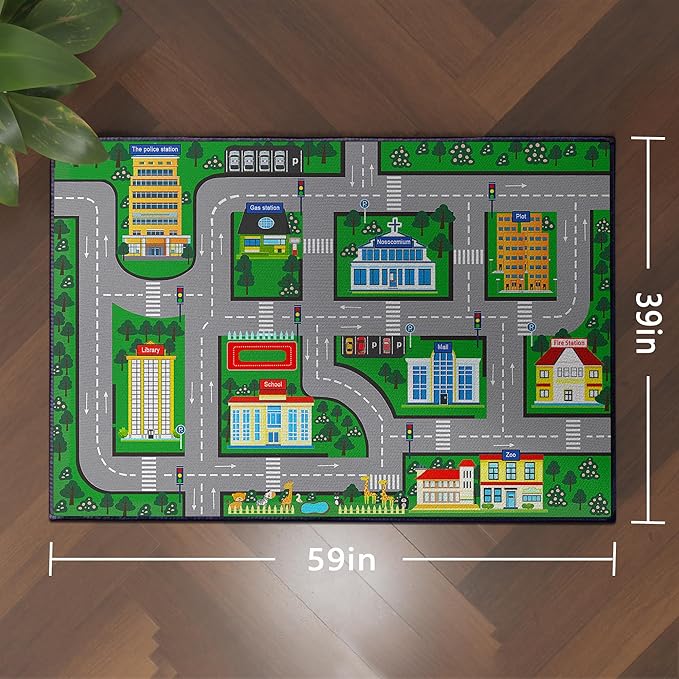 Fun Car Play Area Carpet Car Mat 59"x39" Play Rug for Playroom Town City Road Map for Bedroom Non-Slip Washable
