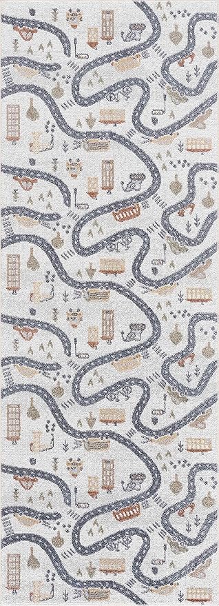 Hauteloom Mave Road Rug for Kids, Toddler Room, Nursery, Playroom, Classroom- Machine Washable - Cream, Red, Blue, Gray - 7'10" x 10'