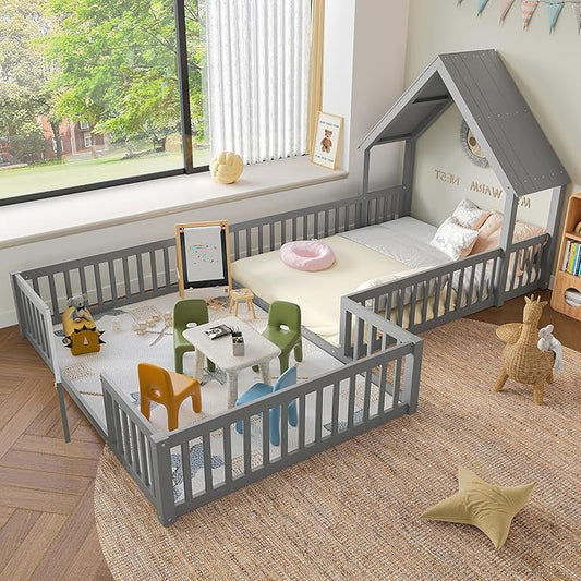 Harper & Bright Designs Full Size House Shaped Double Floor Bed with Door and Full-Length Guardrails, Solid Wood Kids Montessori Floor Bed for Girls Boys, Multi-Function, Grey