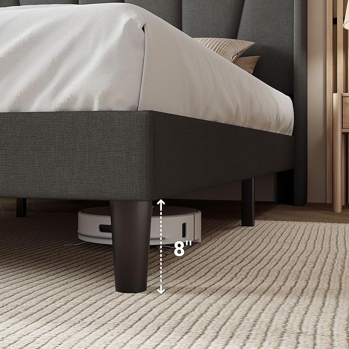Allewie Queen Size Platform Bed Frame with Geometric Wingback Headboard, Boho Upholstered Bed with Wooden Slats Support, No Box Spring Needed, Easy Assembly, Dark Grey